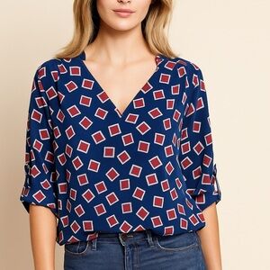 Amanda Uprichard Blue Red White Square 100% Silk Shirt Small Roll Tab 3/4 Sleeve